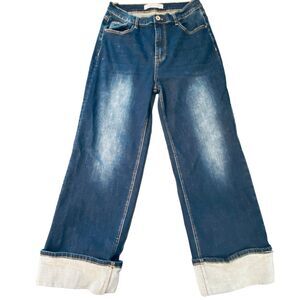 Q2 STRAIGHT JEANS Womens Size Large FOLDED HEM IN MID BLUE Fade WASH Denim L